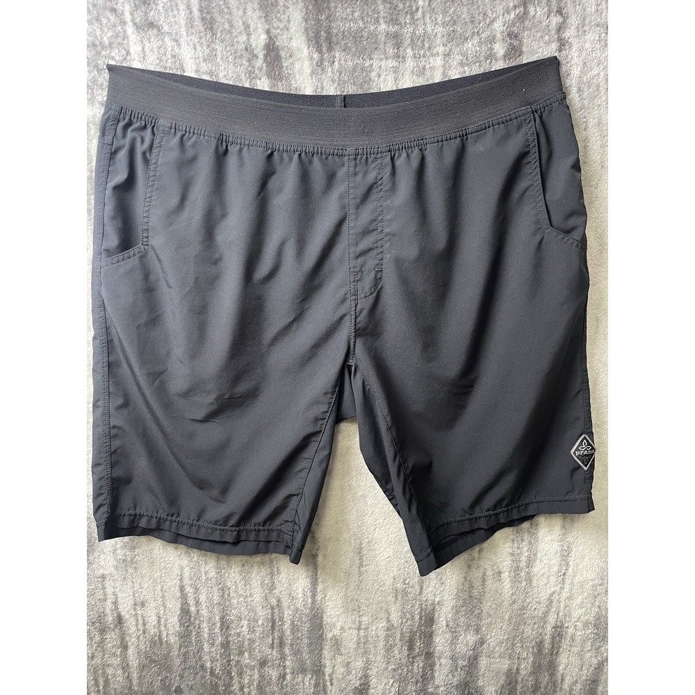 prAna Breathe Men's Black Large‎ Shorts Elastic Waist 10 Inseam Pockets Logo